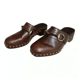 Gucci Brown Leather Mules/  Clogs With Gold Horsebit